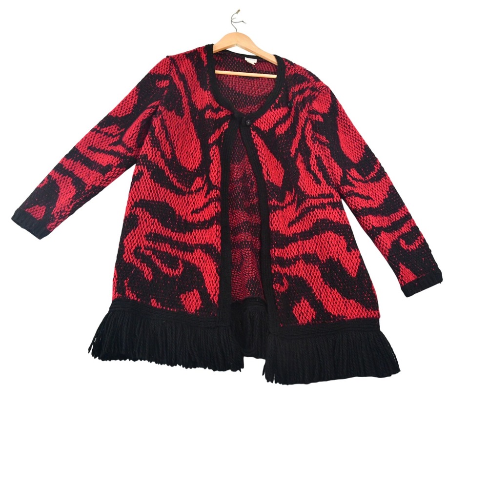 Chicos Red Black Print Fringe Hem Cardigan Sweater Wool Blend Size 1 Medium